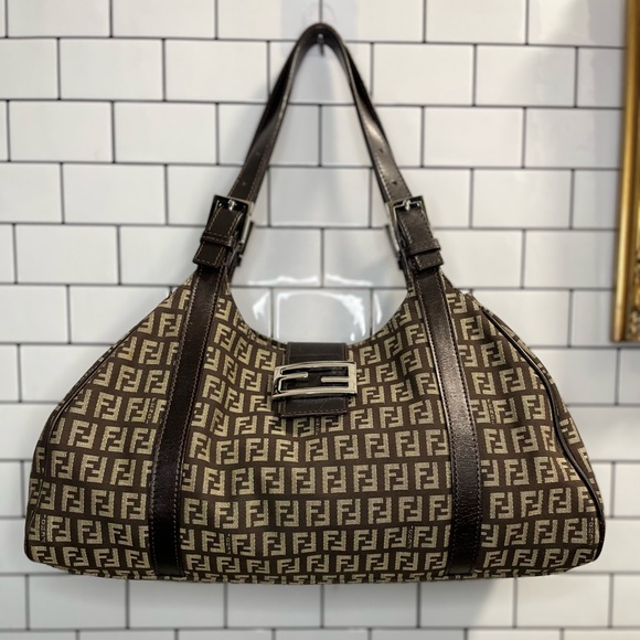 Fendi Handbags - Vintage Fendi Brown Zucchino Canvas and Leather Borsa Piccola Satchel